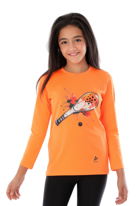 Girls  Neon Orange Padel Racket Smash T-Shirt â€“ Sporty Long Sleeve Top | ANJA Sportswear
