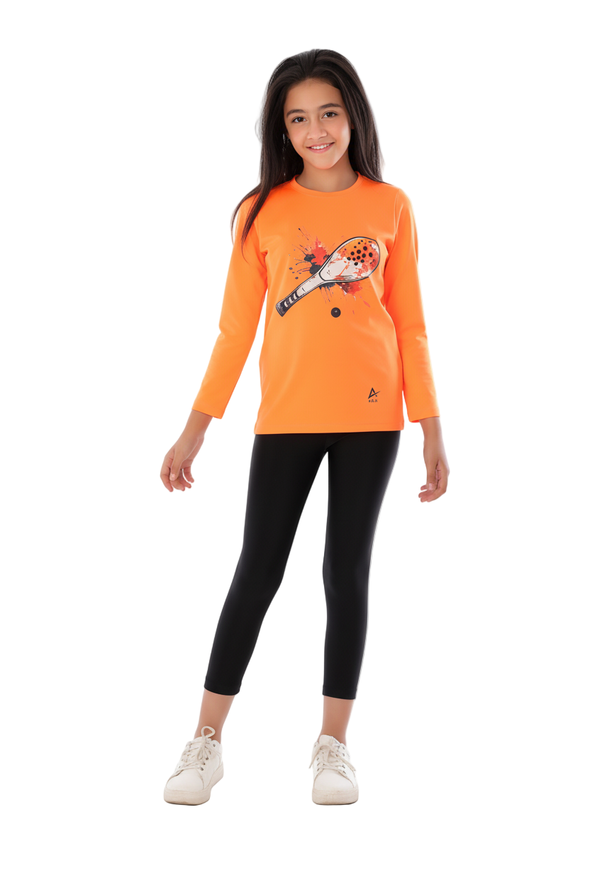 Girls  Neon Orange Padel Racket Smash T-Shirt â€“ Sporty Long Sleeve Top | ANJA Sportswear
