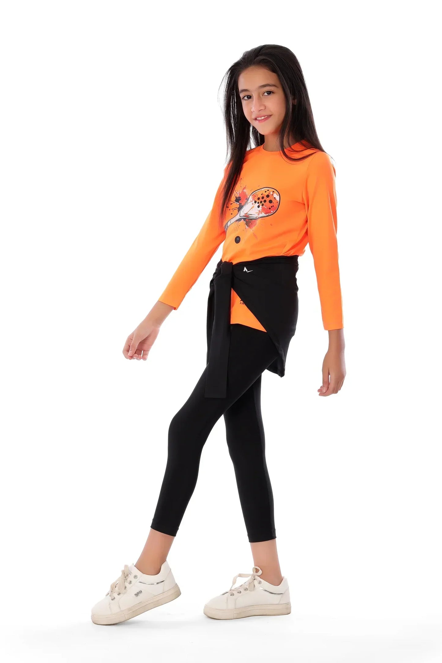 Girls  Neon Orange Padel Racket Smash T-Shirt â€“ Sporty Long Sleeve Top | ANJA Sportswear