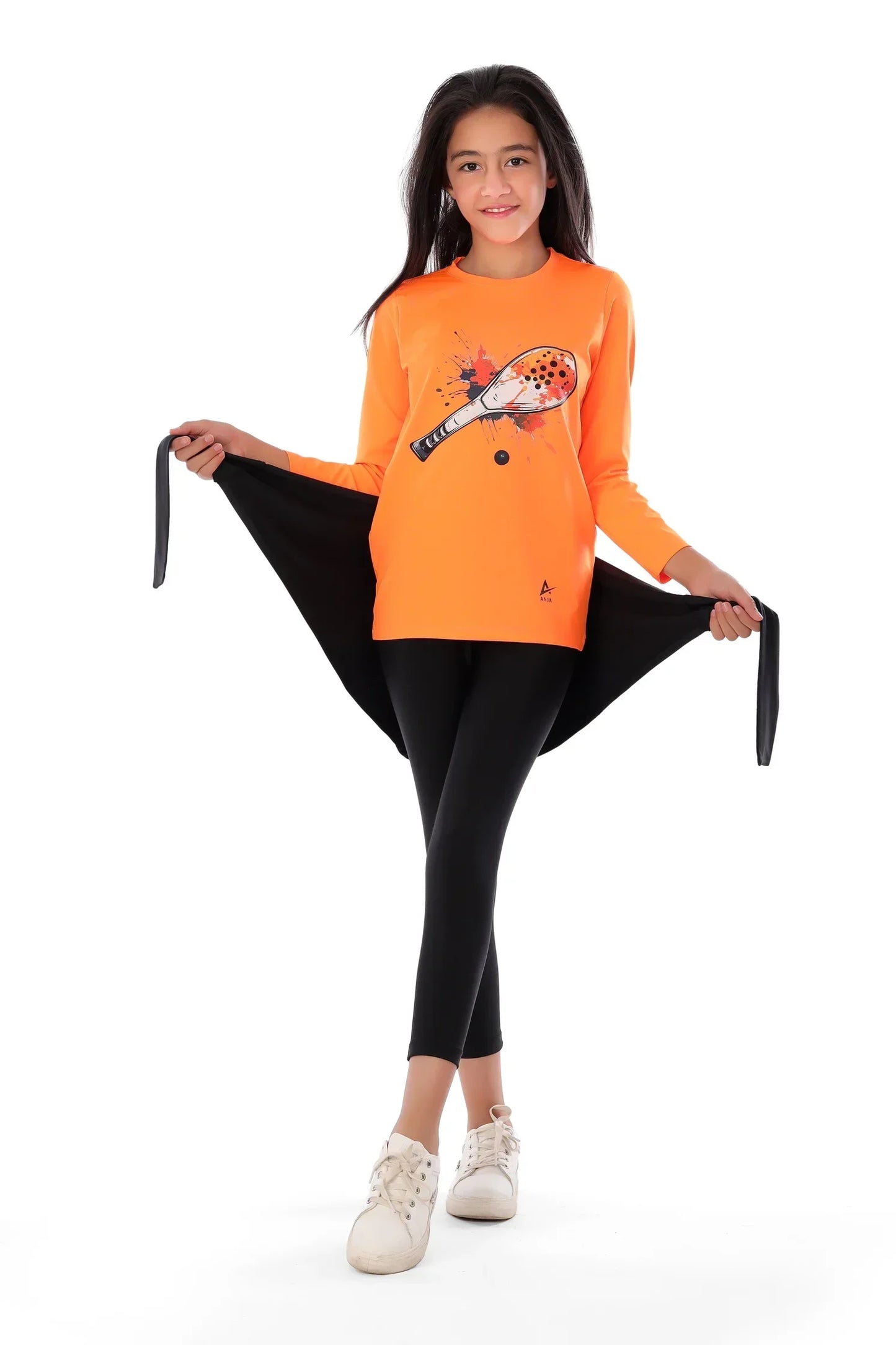 Girls  Neon Orange Padel Racket Smash T-Shirt â€“ Sporty Long Sleeve Top | ANJA Sportswear