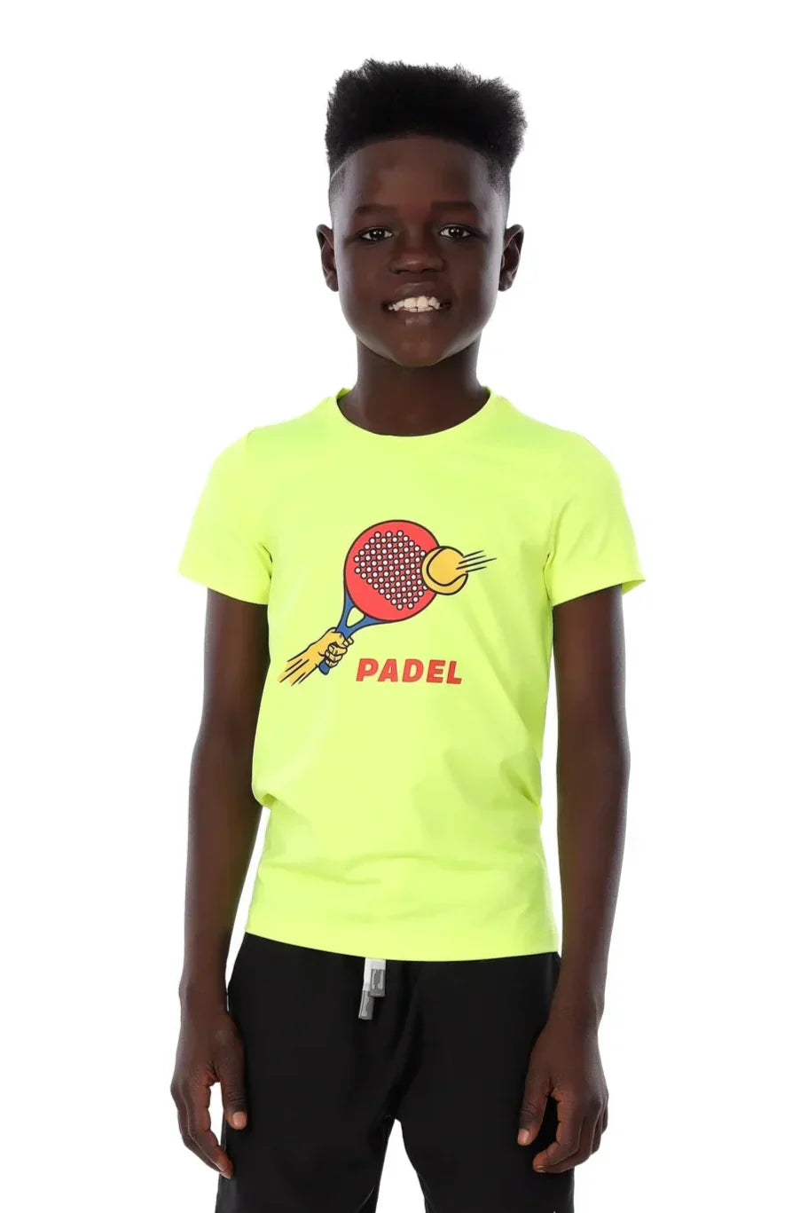 Child wearing a bright yellow t-shirt with a paddle and ball graphic and the word 'PADEL'.