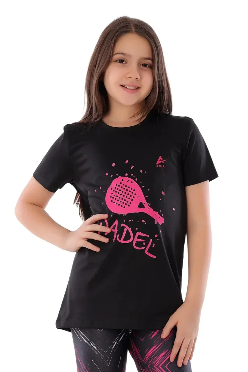 Young girl wearing a black t-shirt with pink paddle and 'Padel' text on a white background
