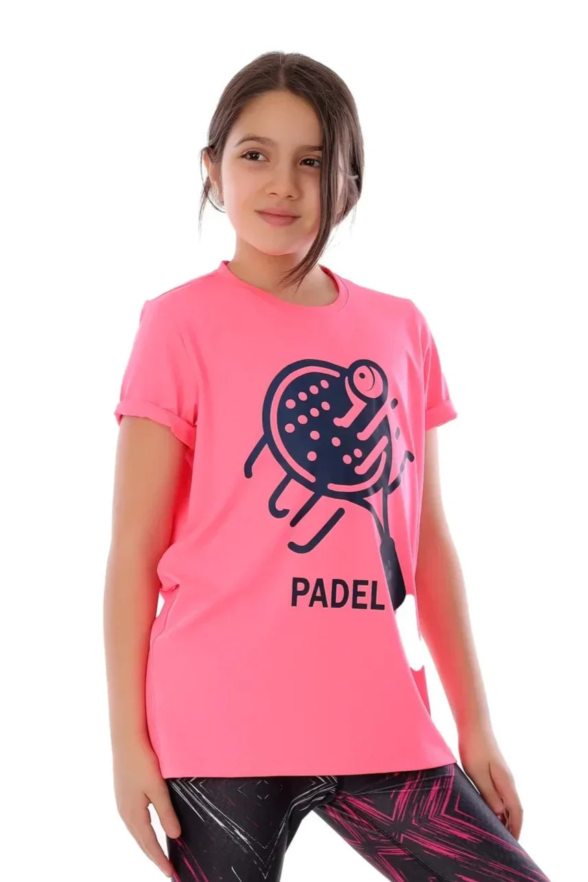Girls Neon Pink Padel Champion T-Shirt Sporty Graphic Top | ANJA Sportswear