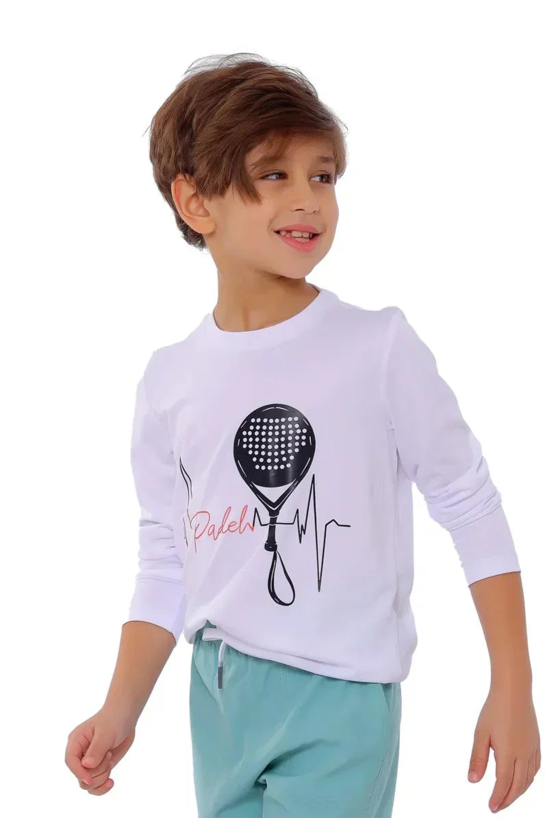 Boys White Padel Heartbeat Long Sleeve T-Shirt Sporty Graphic Top | ANJA Sportswear