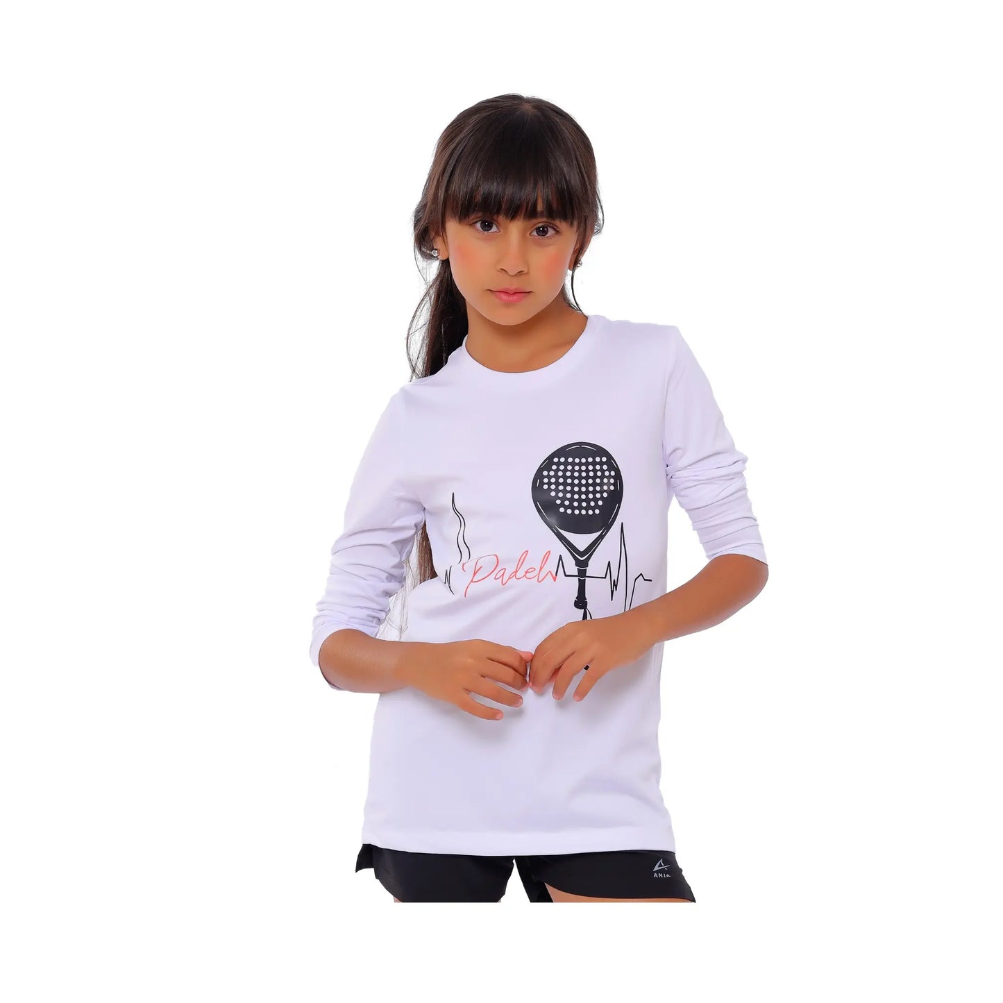 Girls White Padel Heartbeat Long Sleeve T-Shirt â€“ Sporty Graphic Top | ANJA Sportswear