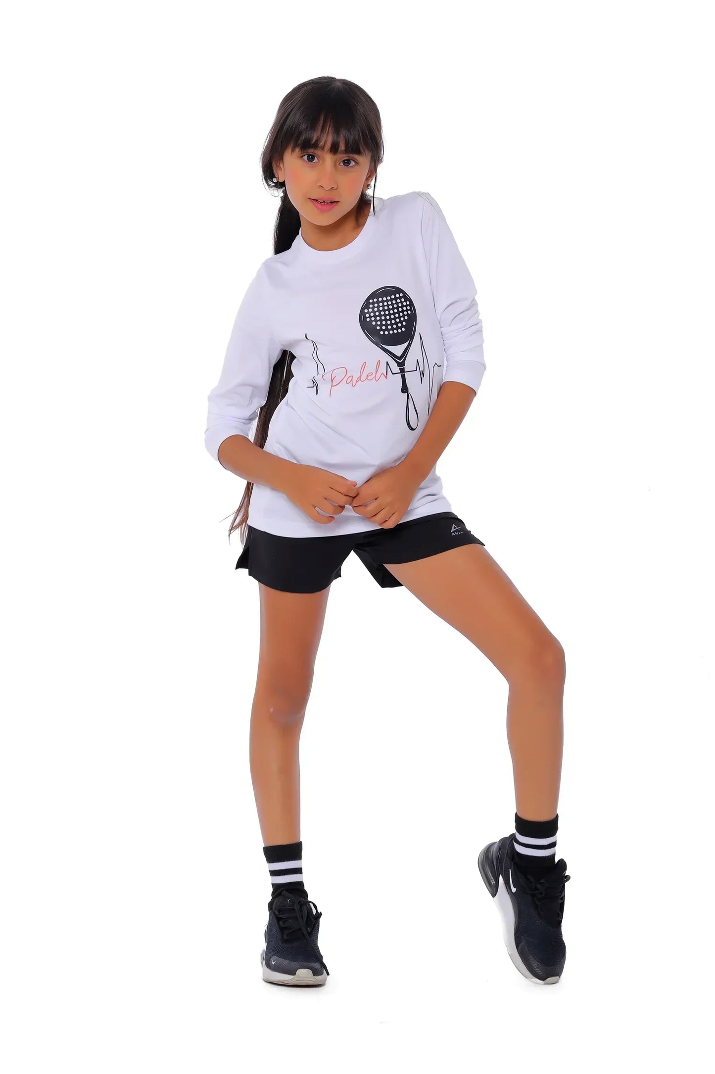 Girls White Padel Heartbeat Long Sleeve T-Shirt â€“ Sporty Graphic Top | ANJA Sportswear