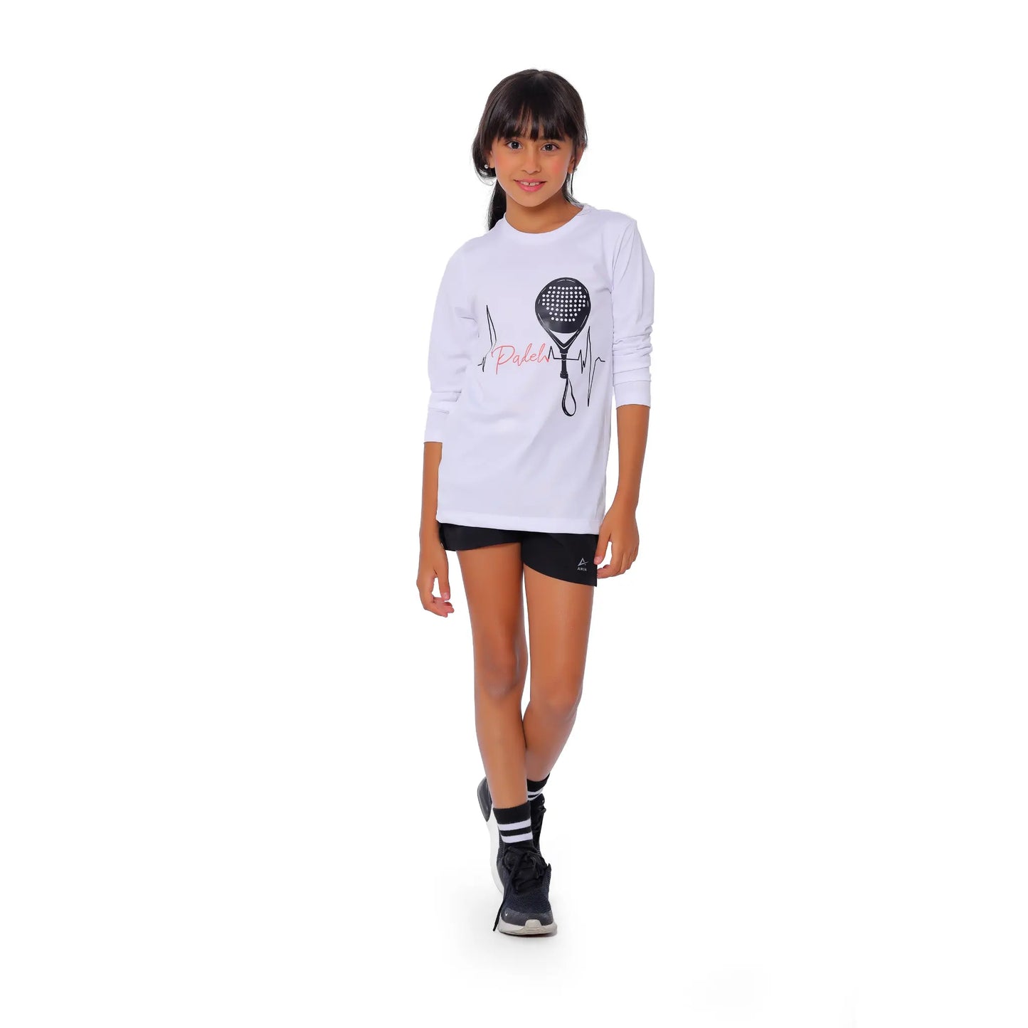 Girls White Padel Heartbeat Long Sleeve T-Shirt â€“ Sporty Graphic Top | ANJA Sportswear