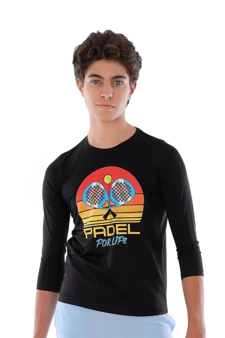 Boys Black Retro Padel Racket T-Shirt â€“ Sporty long Sleeve Top | ANJA Sportswear