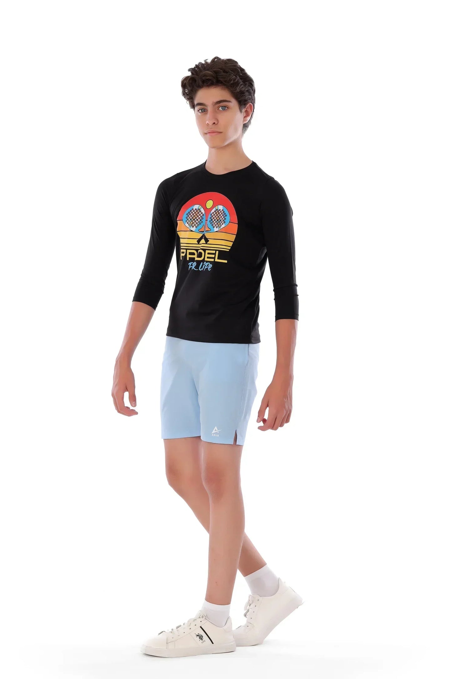 Boys Black Retro Padel Racket T-Shirt â€“ Sporty long Sleeve Top | ANJA Sportswear