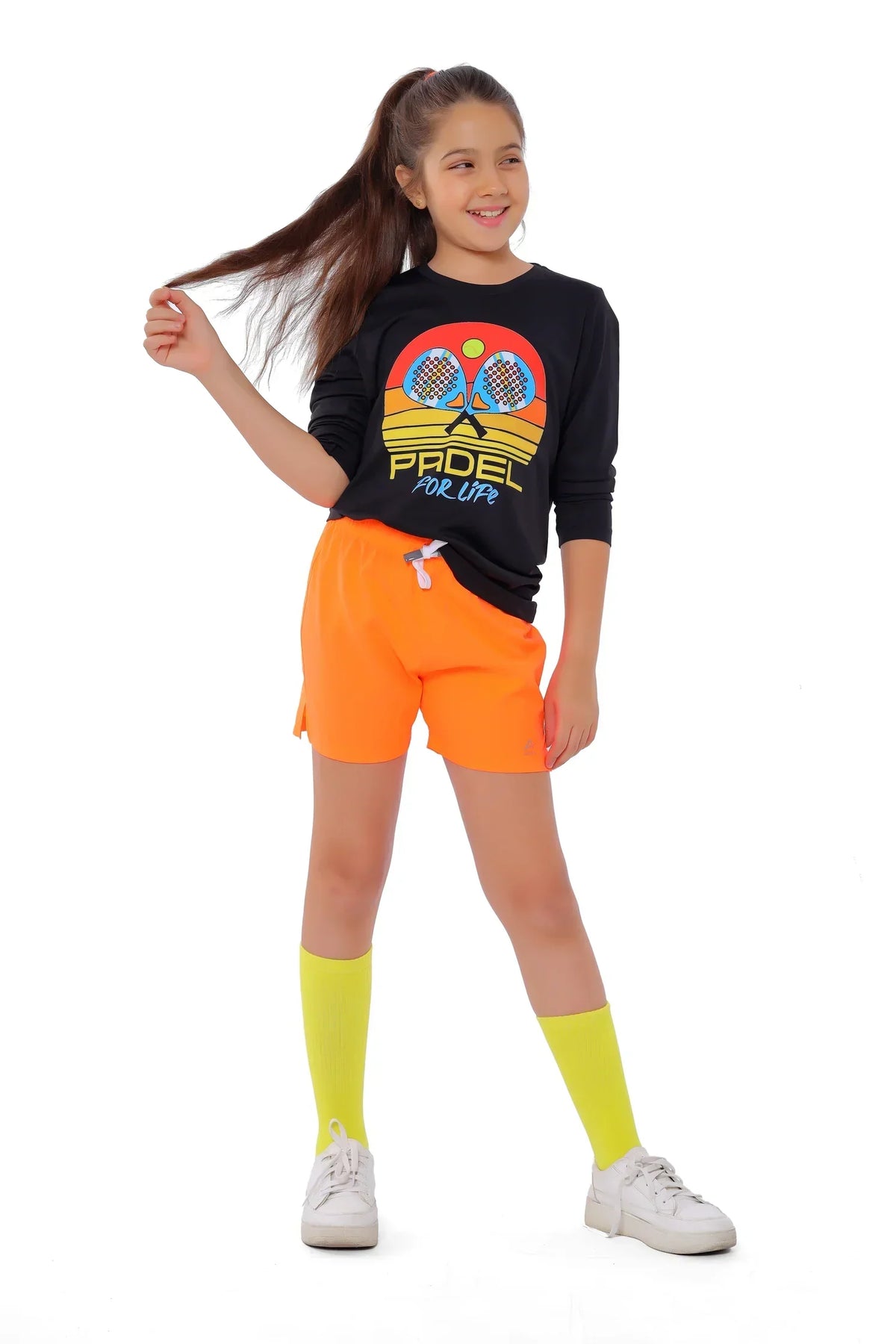 Girls Black Retro Padel Racket T-Shirt Sporty long Sleeve Top | ANJA Sportswear
