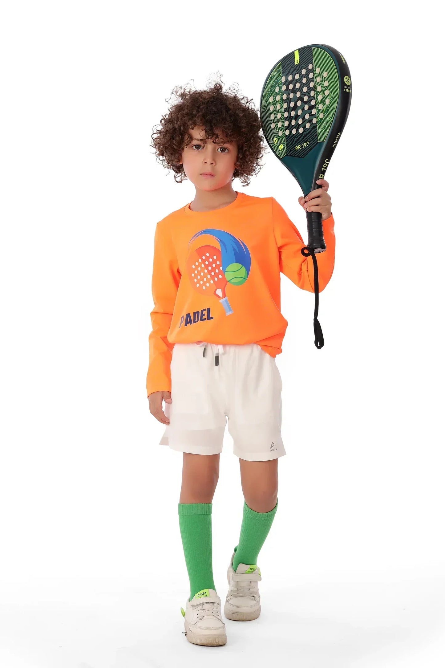 Child wearing an orange sweatshirt with a colorful design, holding a green paddle, on a white background