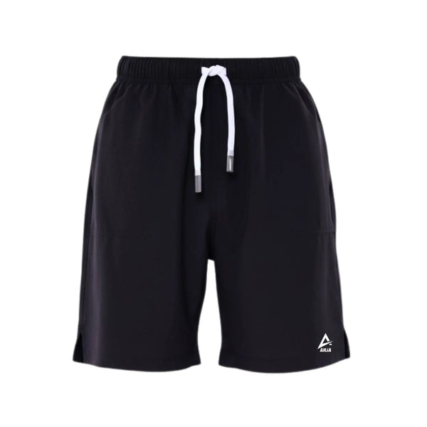 Black shorts with a white drawstring and brand logo on a white background