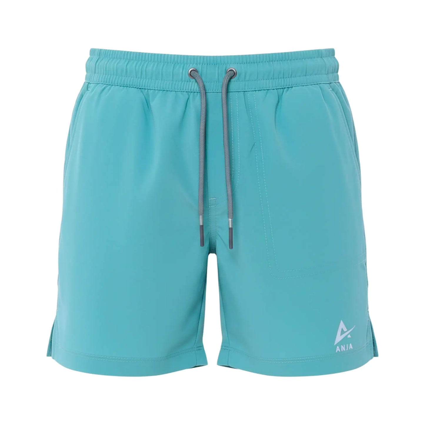 Teal shorts with a drawstring on a white background