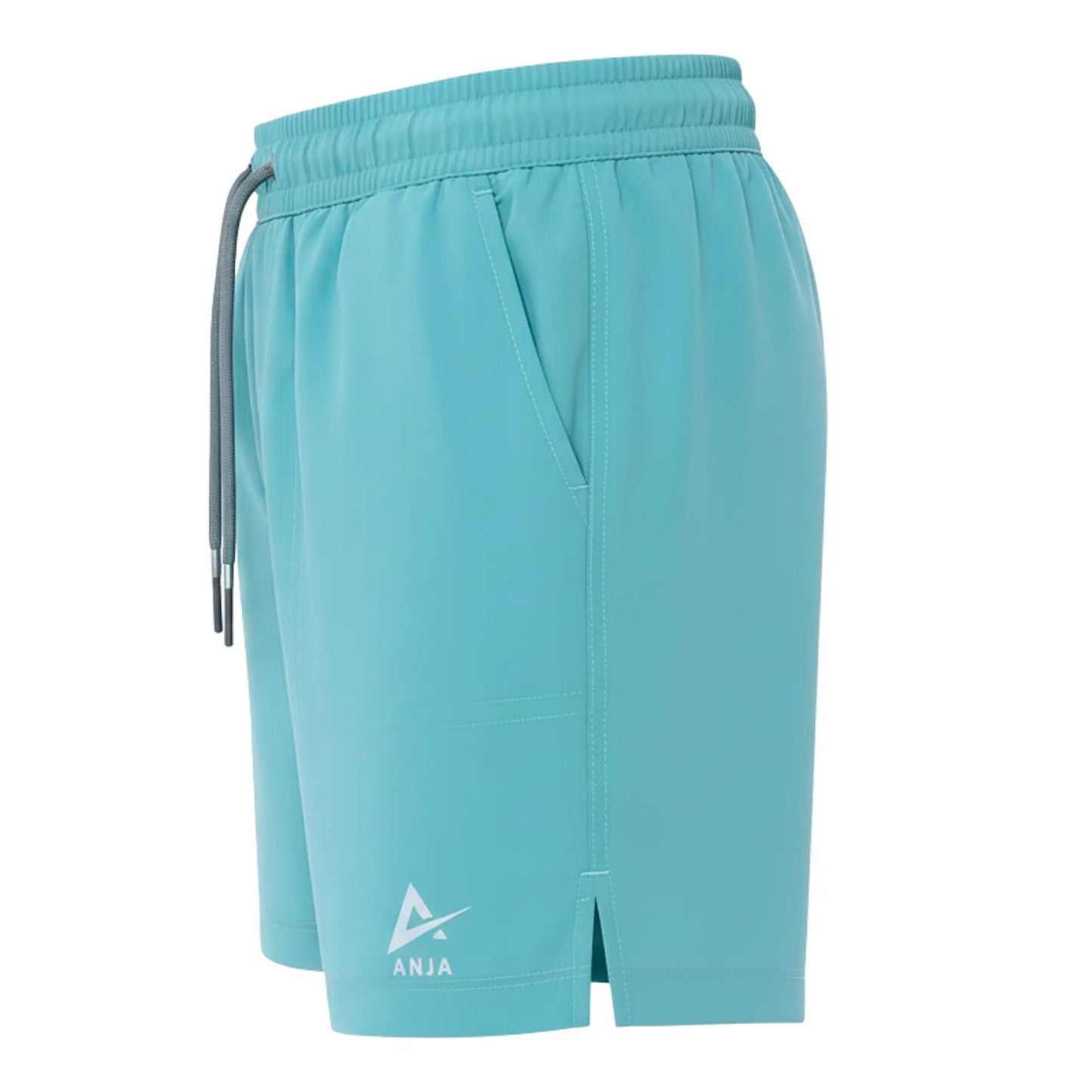 Turquoise shorts with a brand logo on a white background