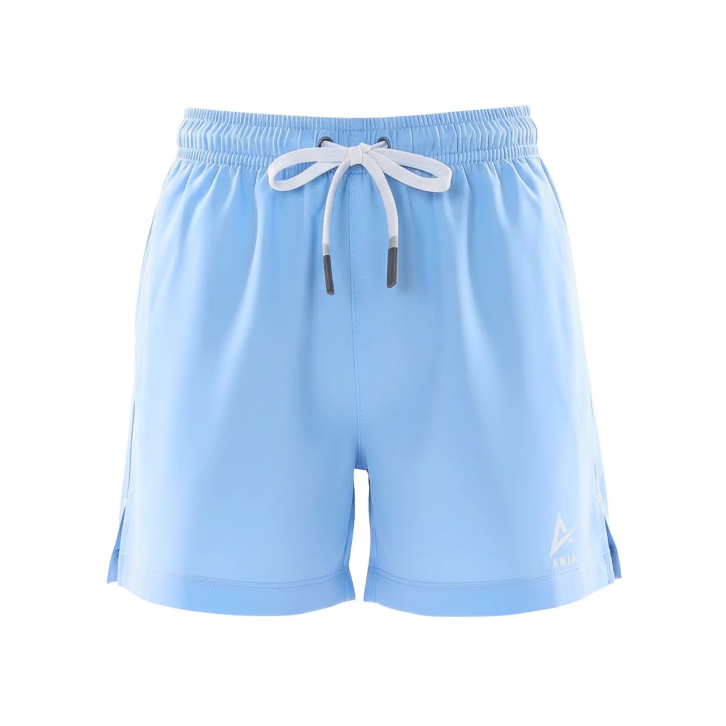 Light blue shorts with a drawstring on a white background