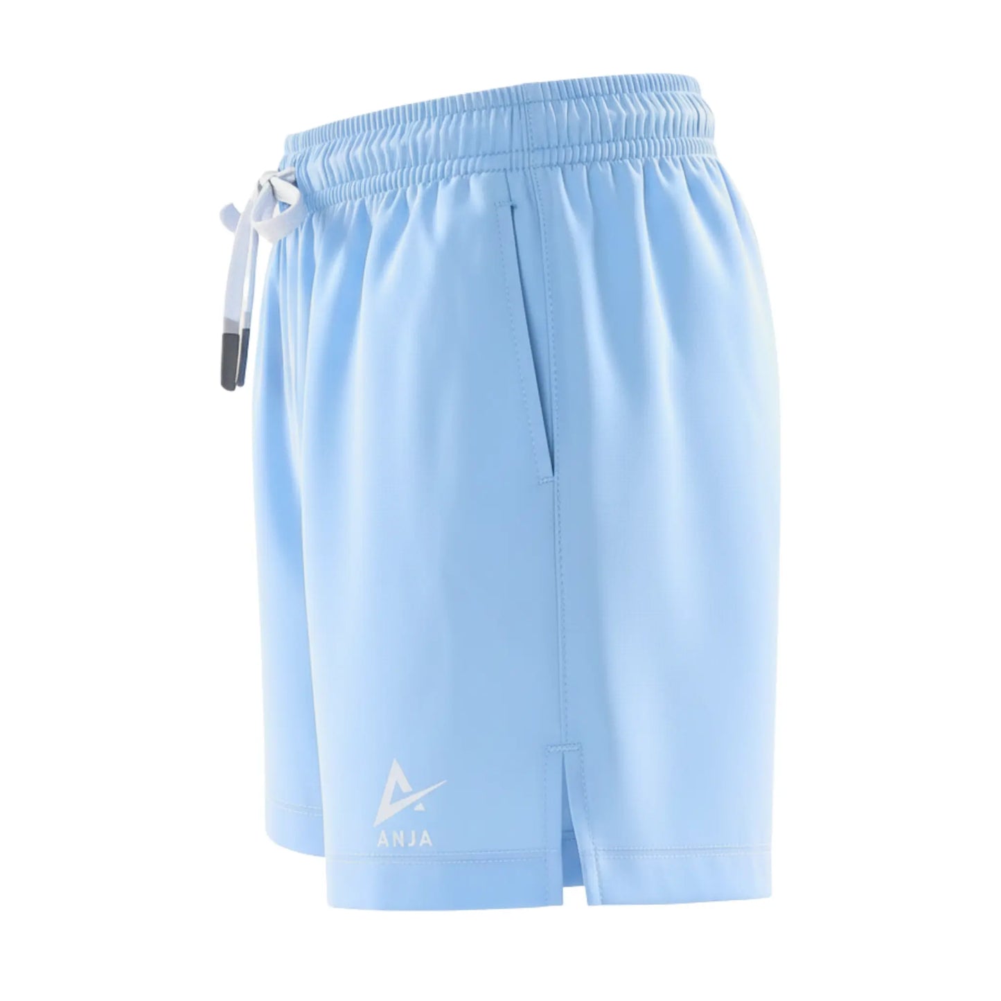 Light blue shorts with a drawstring on a white background