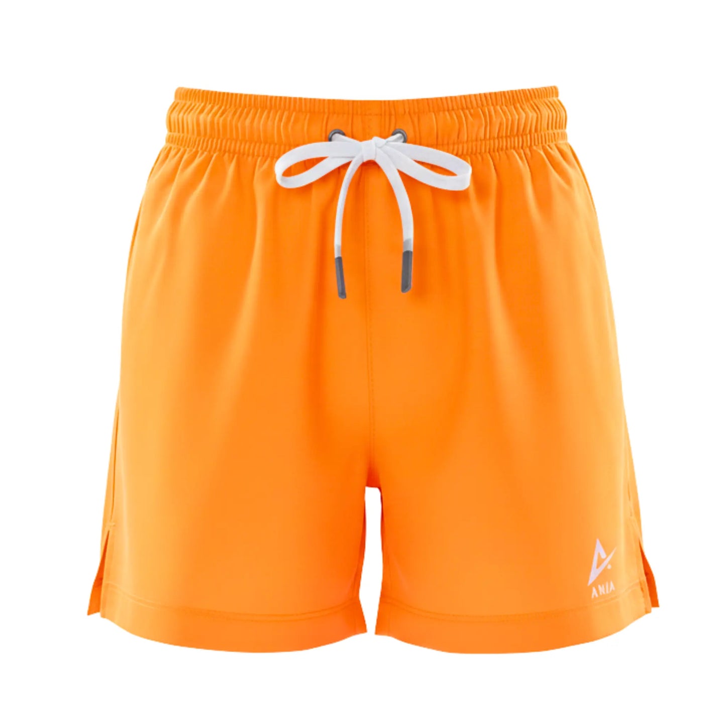 Orange shorts with a white drawstring on a white background