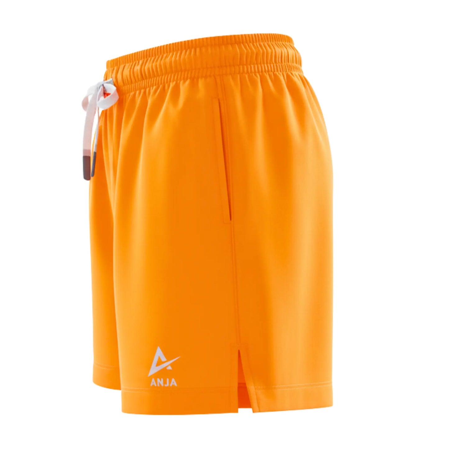 Orange shorts with a visible brand logo on a white background