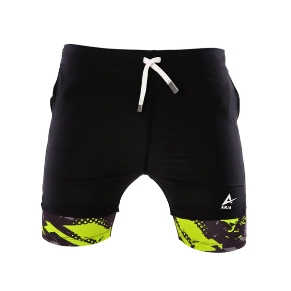 Black shorts with colorful accents on a white background