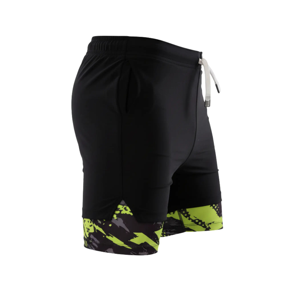 Boys Black Sporty Shorts with Neon Green pattern Kids Athletic Double-Layer Bottoms | ANJA Sportswear