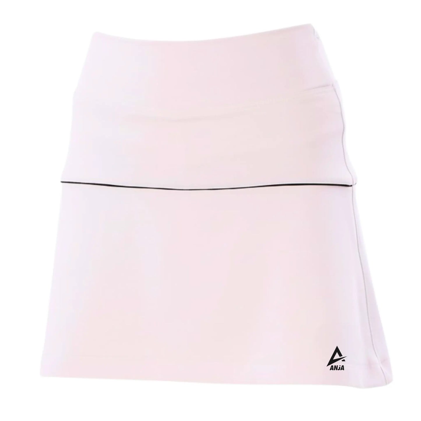 White tennis skirt with a black waistband on a white background