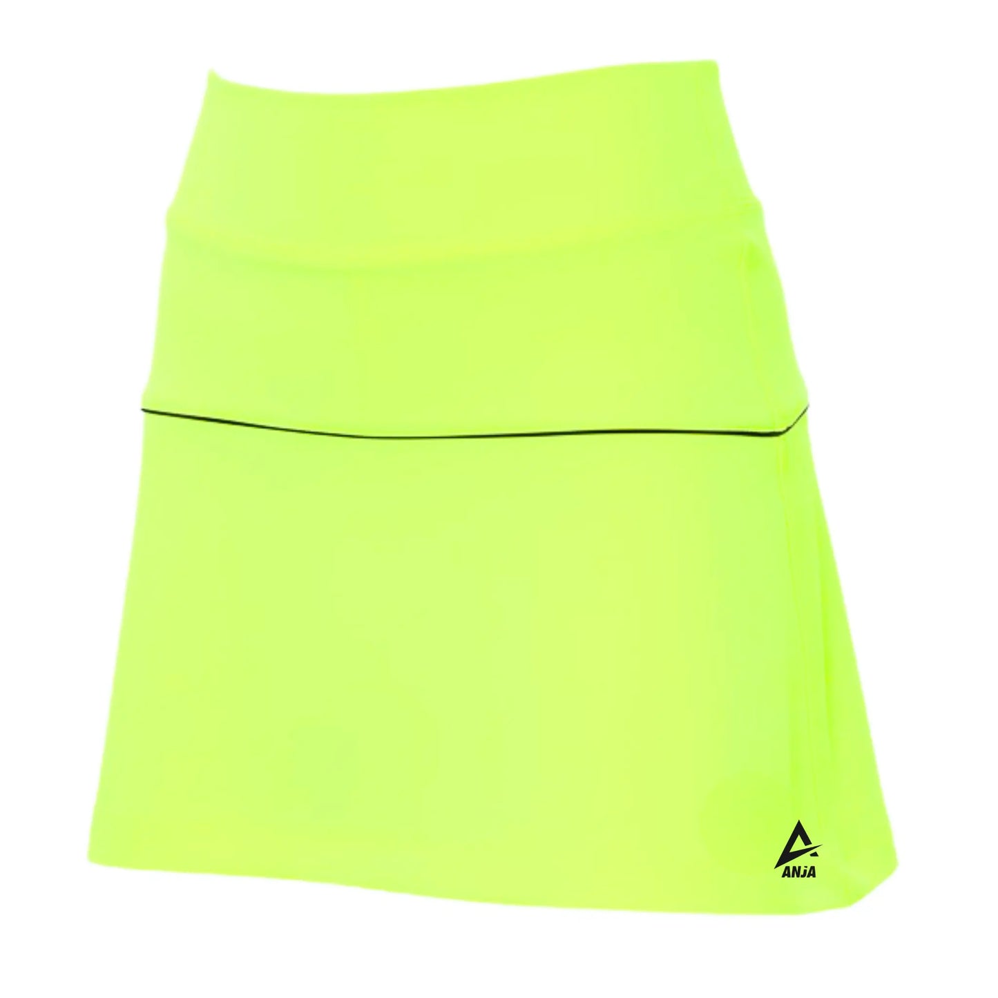 Neon green tennis skirt with a brand logo on a white background