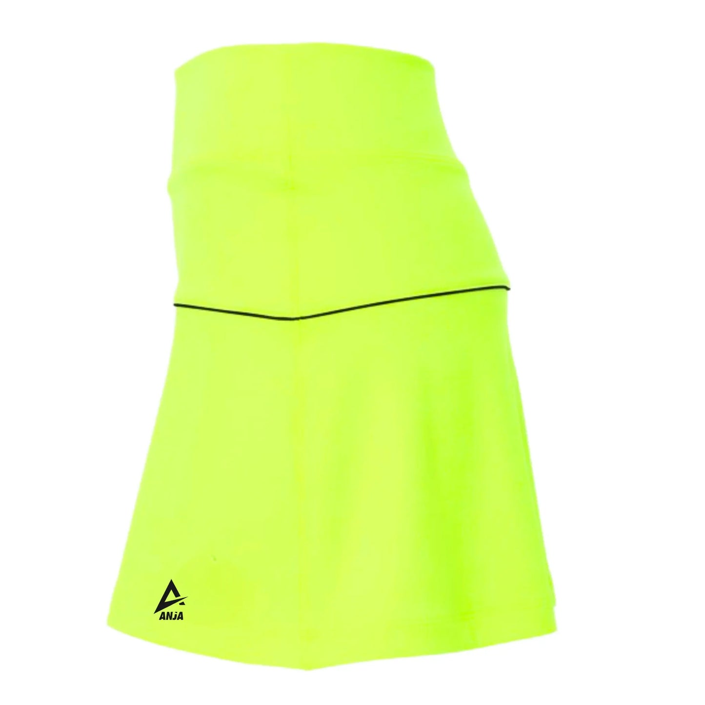 Neon green athletic skirt with black trim on a white background