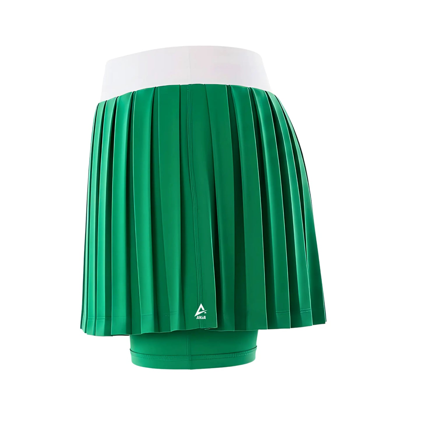 Green pleated skirt with a white waistband on a white background