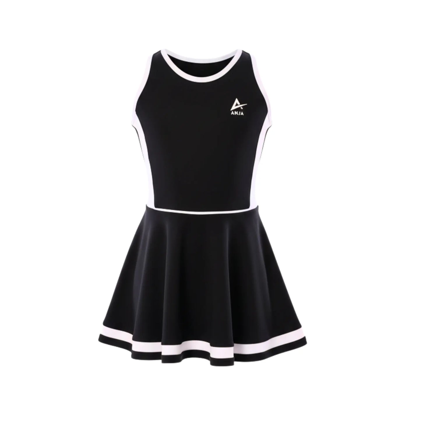 Black dress with white accents on a white background