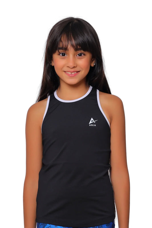 Young girl wearing a black tank top with a logo on a white background