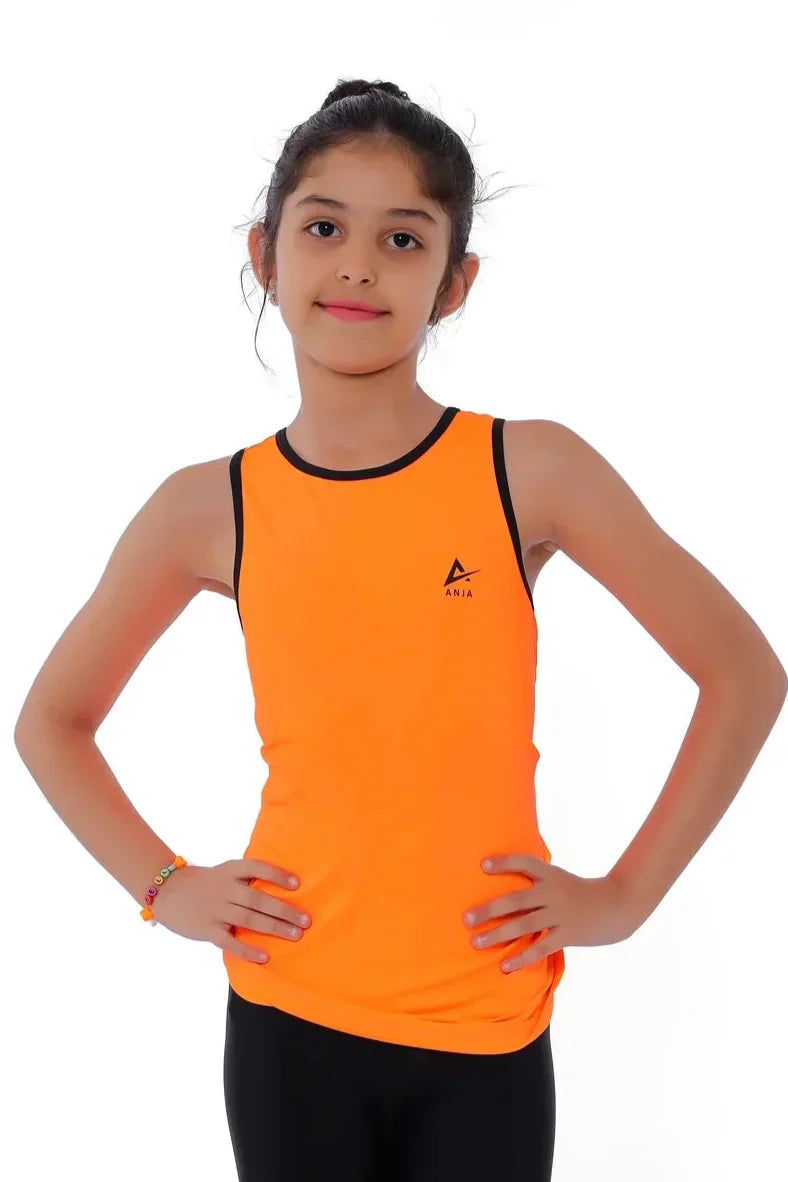 Girl wearing an orange tank top with a logo on a white background