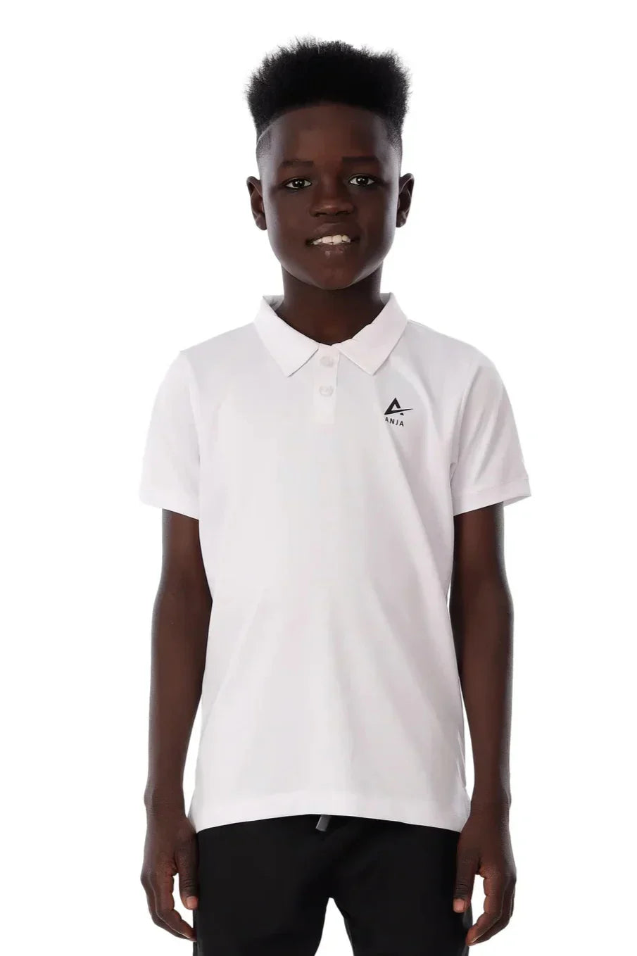 Person wearing a white polo shirt with a logo on a white background