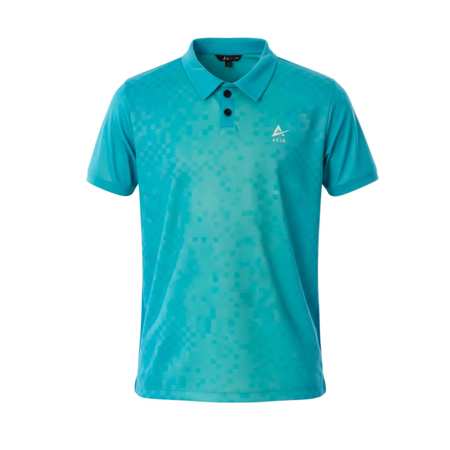 Teal polo shirt with a logo on a white background