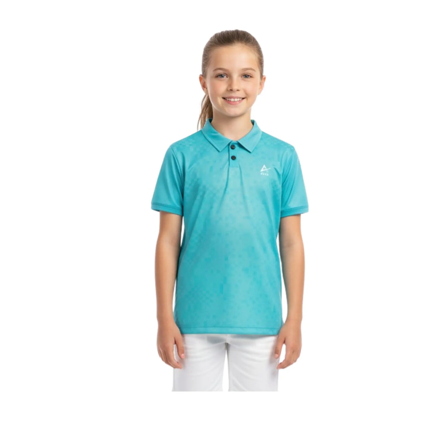 Child wearing a turquoise polo shirt with a logo on a white background