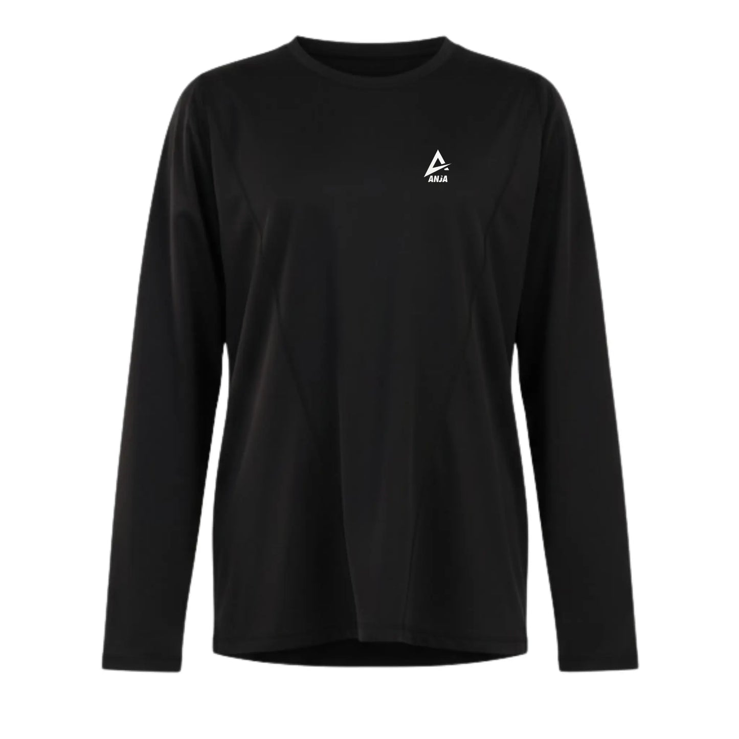 Black long-sleeve shirt with a white logo on a white background