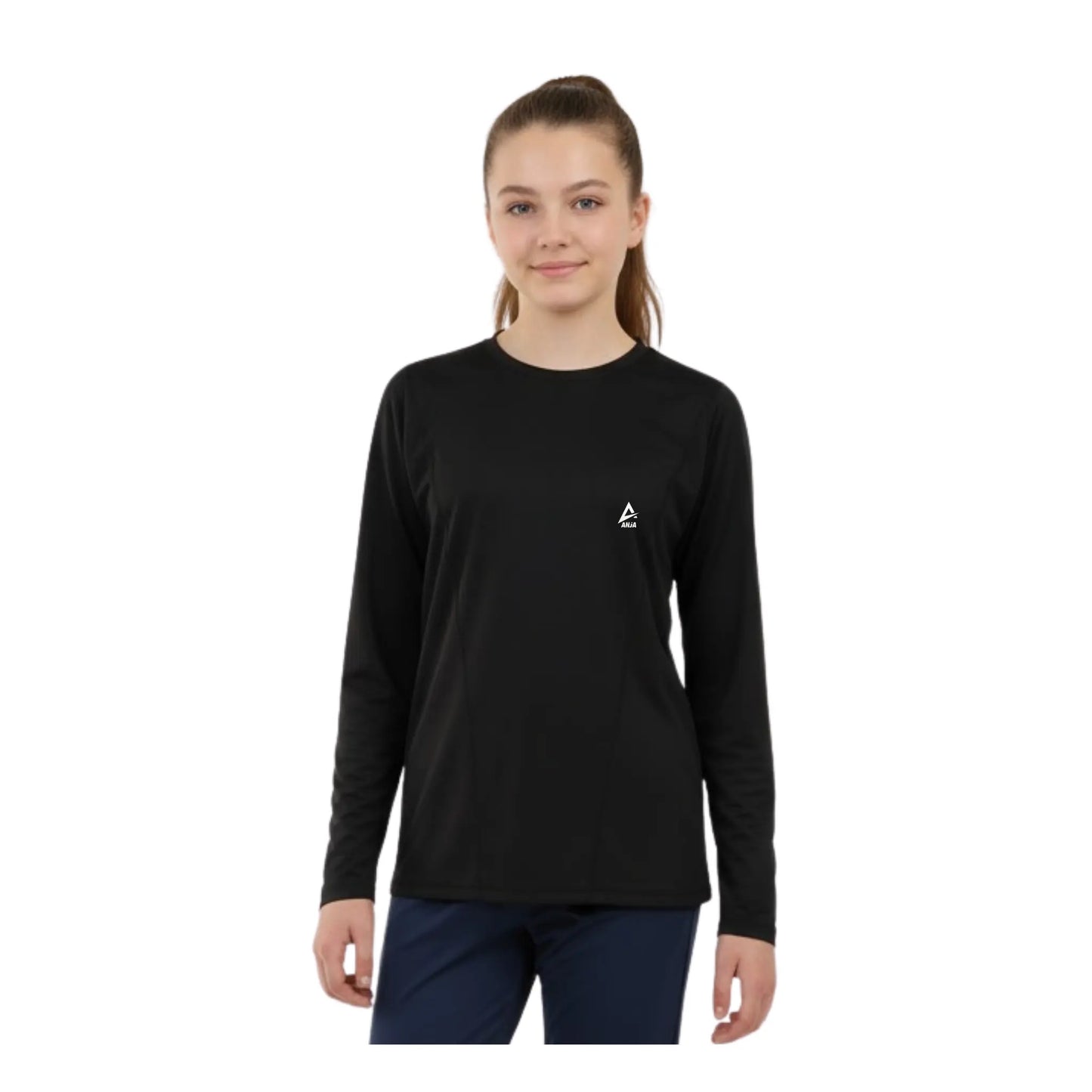 Person wearing a black long-sleeve shirt with a small logo on a white background