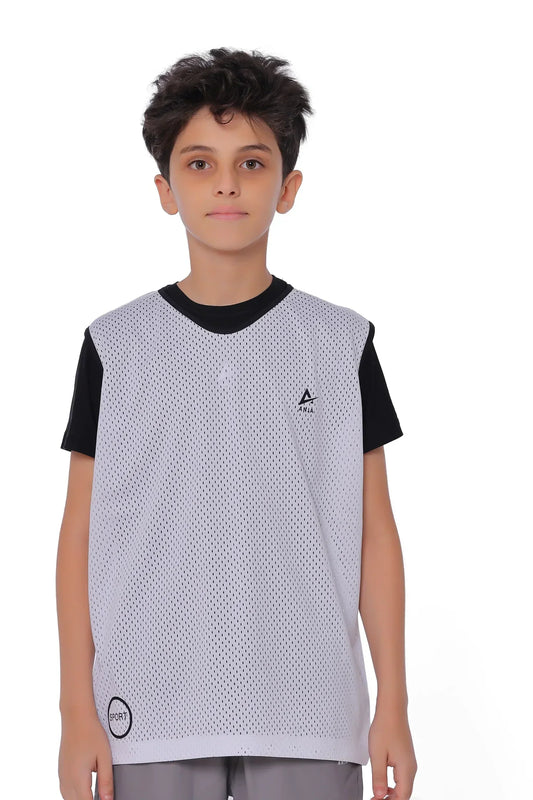 Child wearing a black and white sports jersey with a logo on a white background