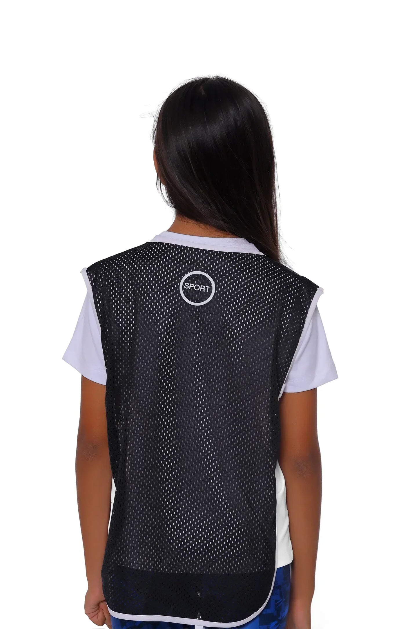 Person wearing a black mesh sports vest with a logo on the back against a white background