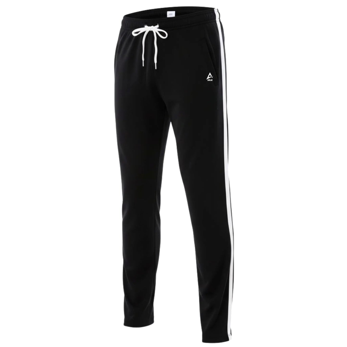 Black track pants with a white stripe and logo on a white background