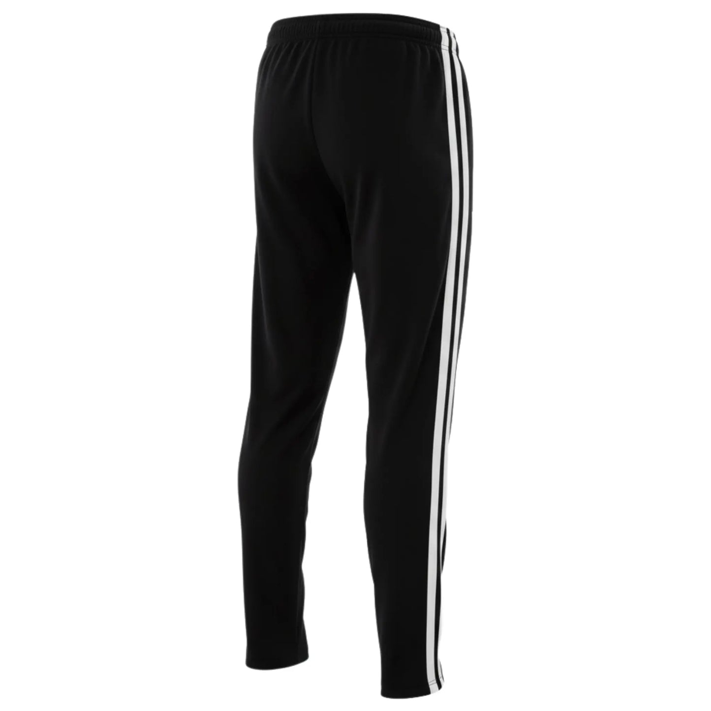 Black track pants with white stripes on a white background