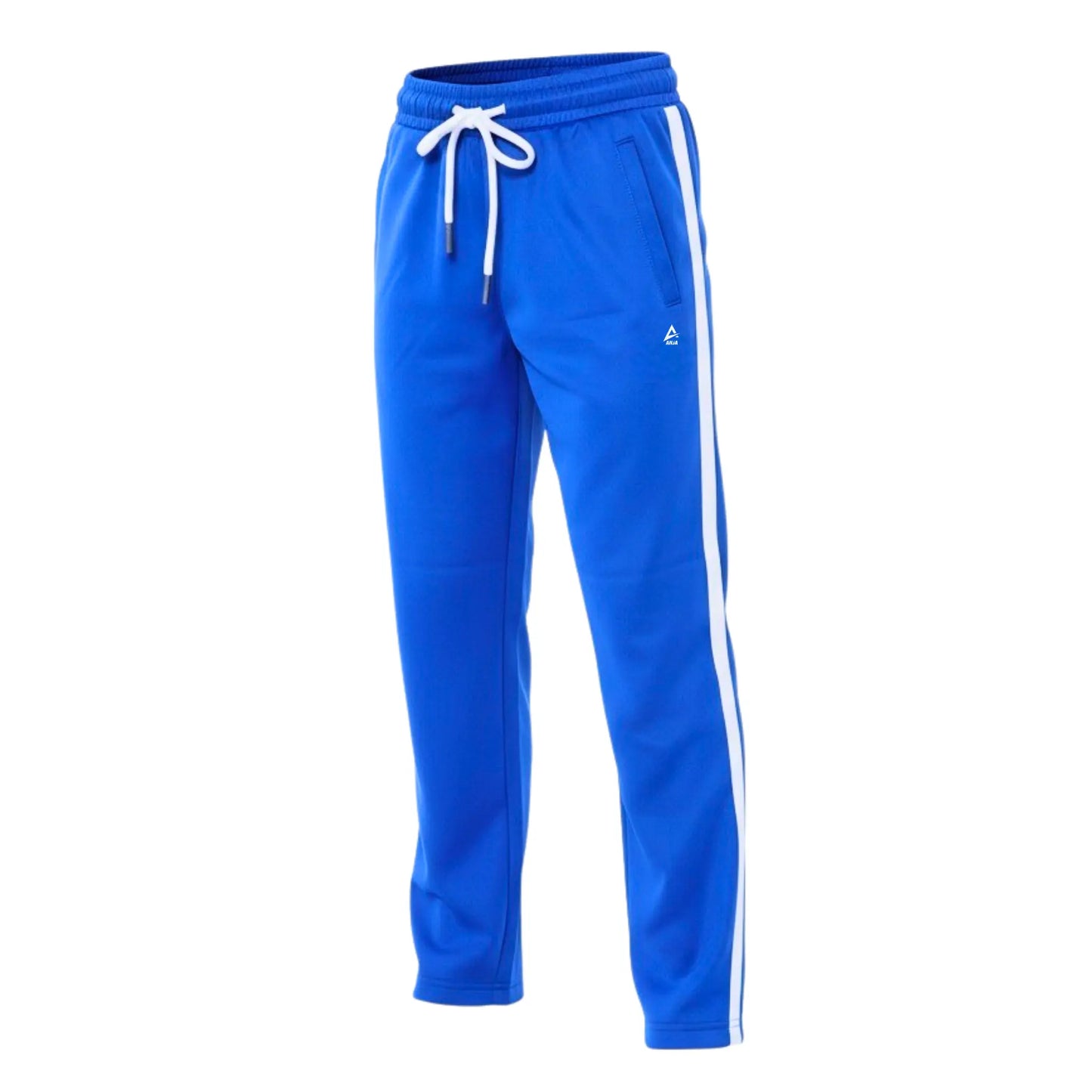 Blue tracksuit pants with a white stripe on a white background