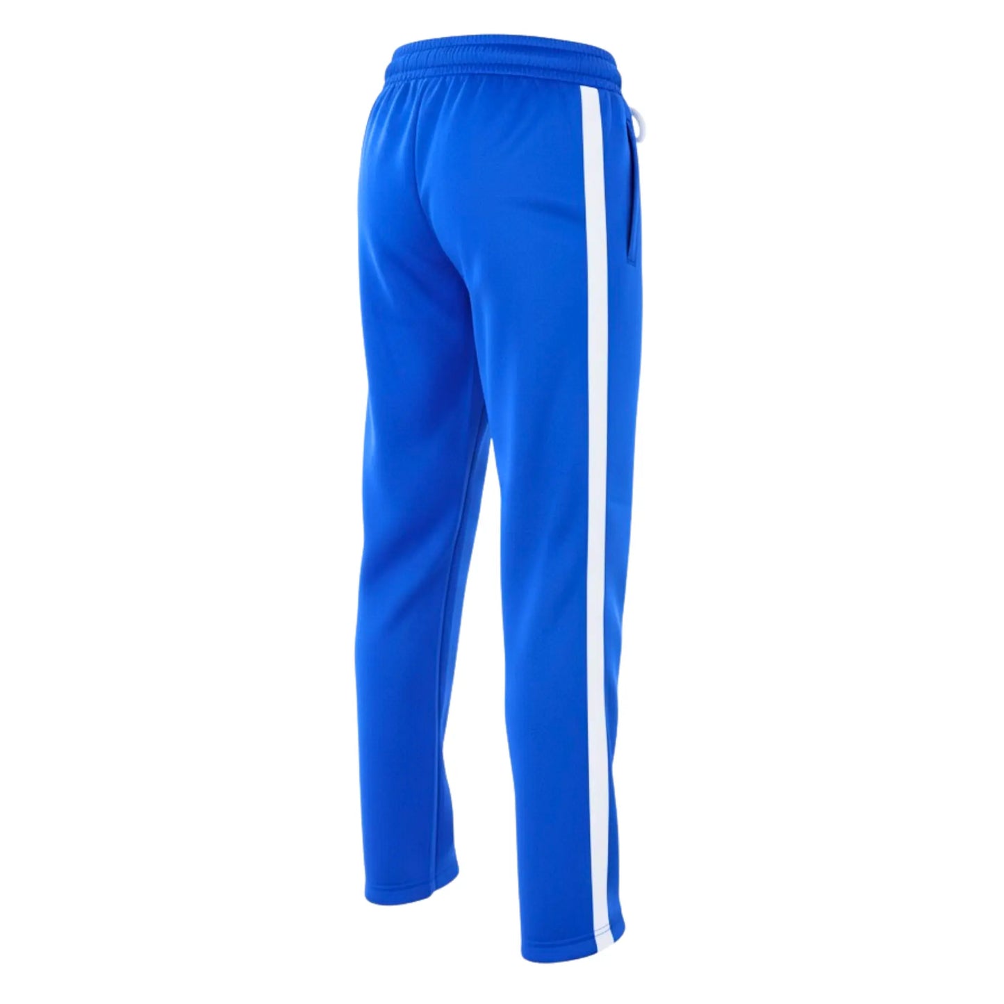 Blue track pants with a white stripe on a white background