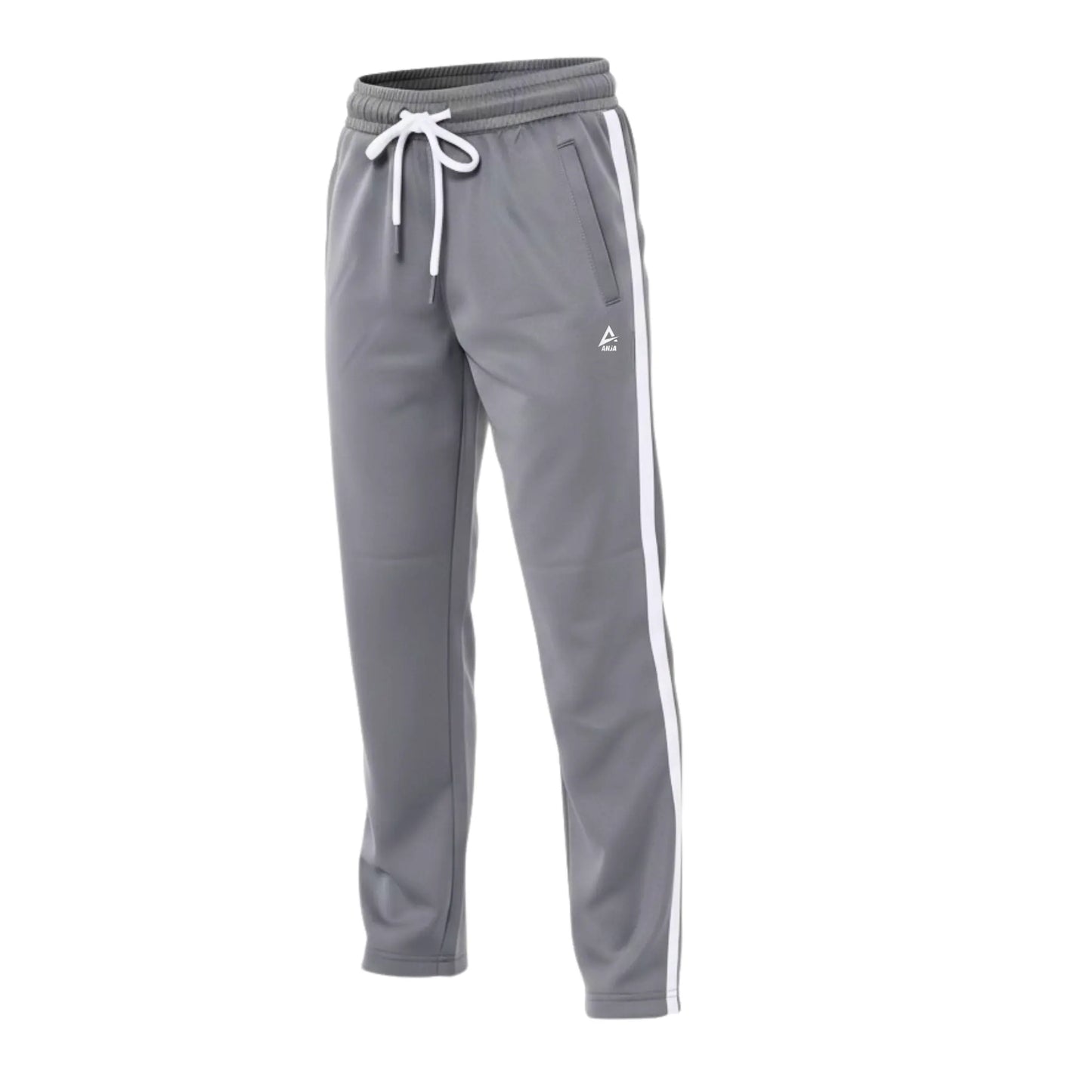 Gray tracksuit pants with a white stripe on a white background
