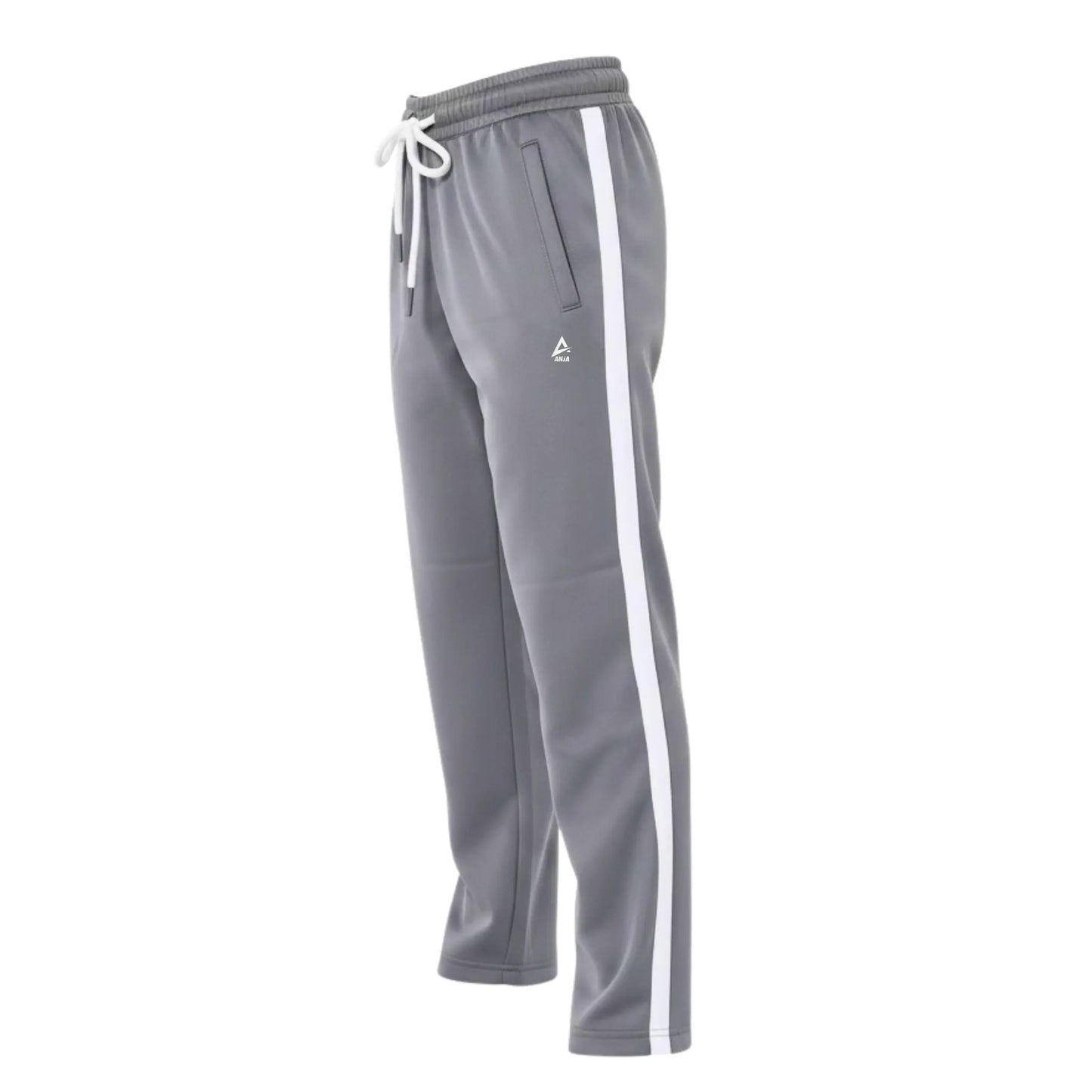 Gray tracksuit pants with a white stripe on a white background