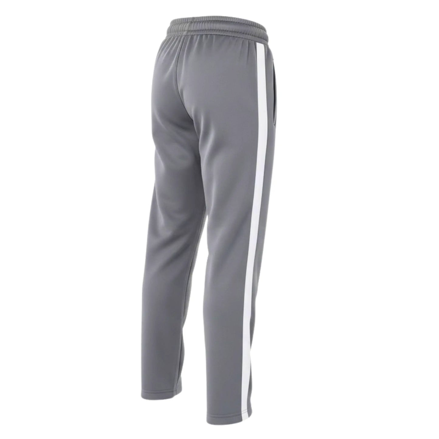 Gray track pants with a white stripe on a white background