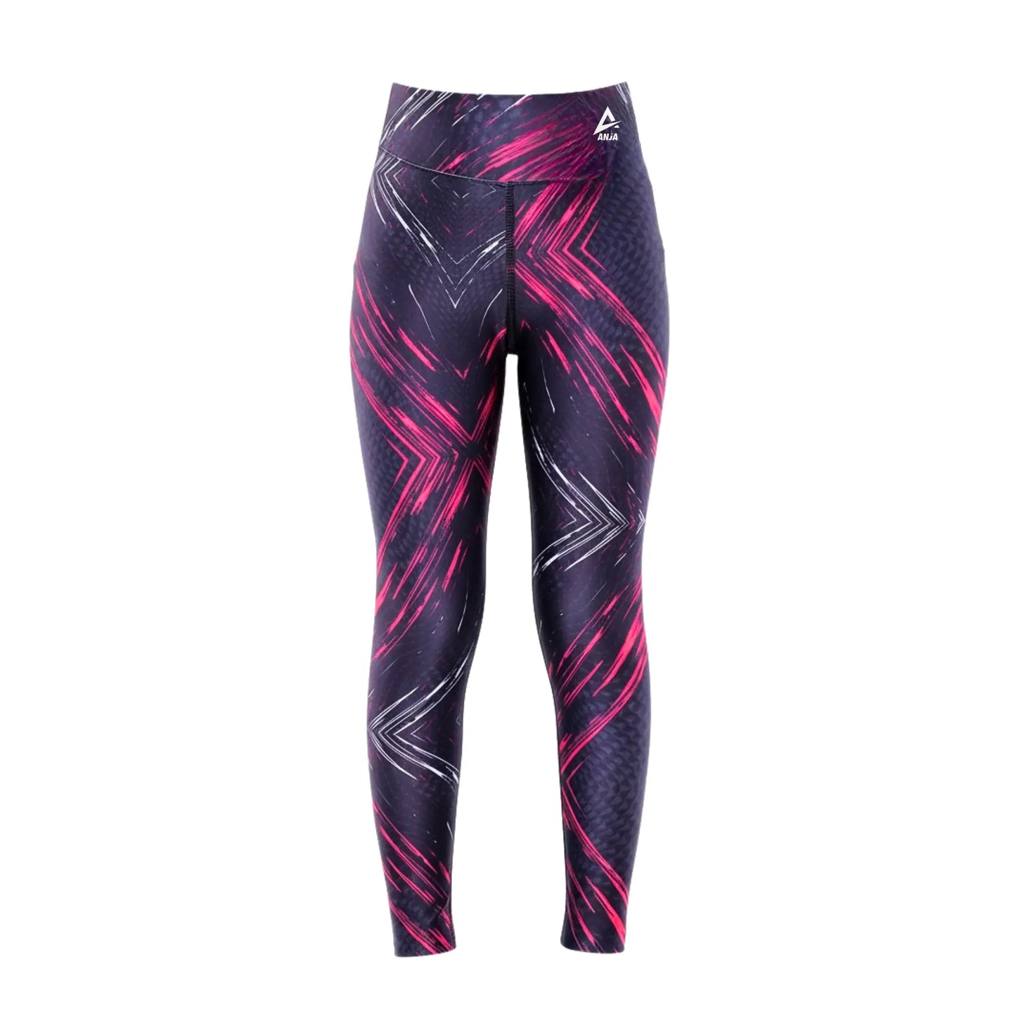 Black leggings with pink and white pattern on a white background