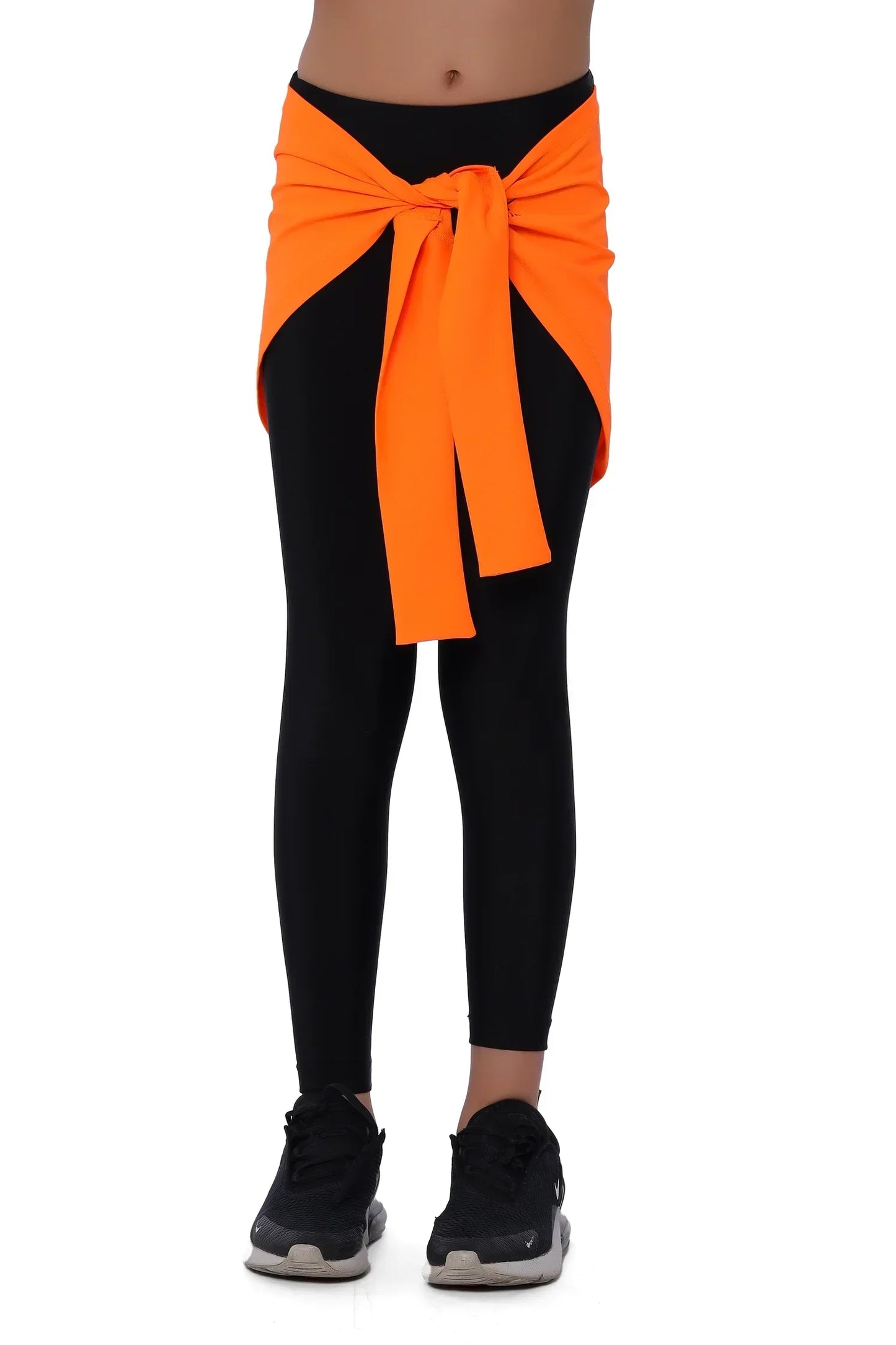 Black leggings with an orange tie on a white background