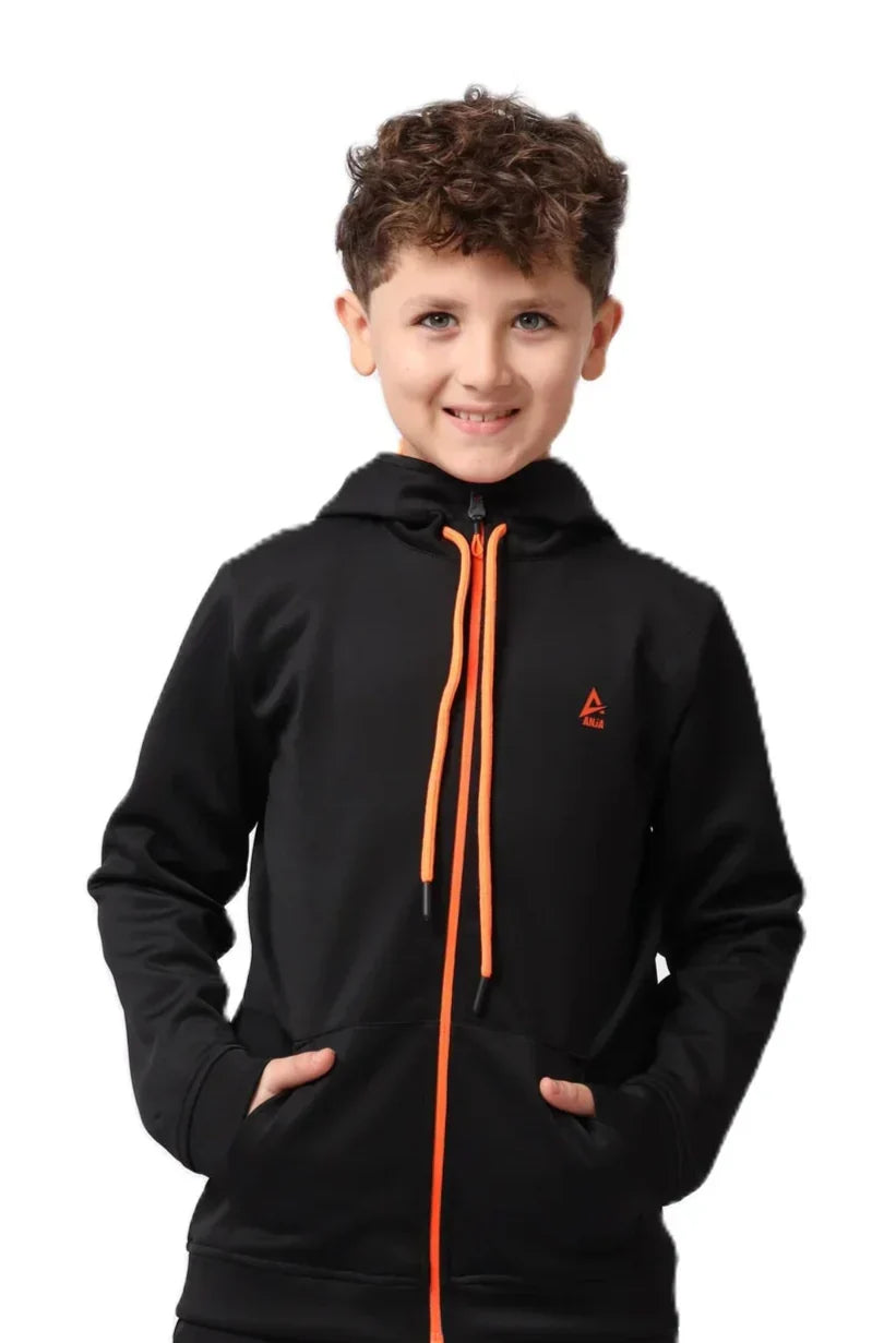 Boys Black Zip-Up Sweatshirt â€“ Sporty Contrast Trim Jacket | ANJA Sportswear