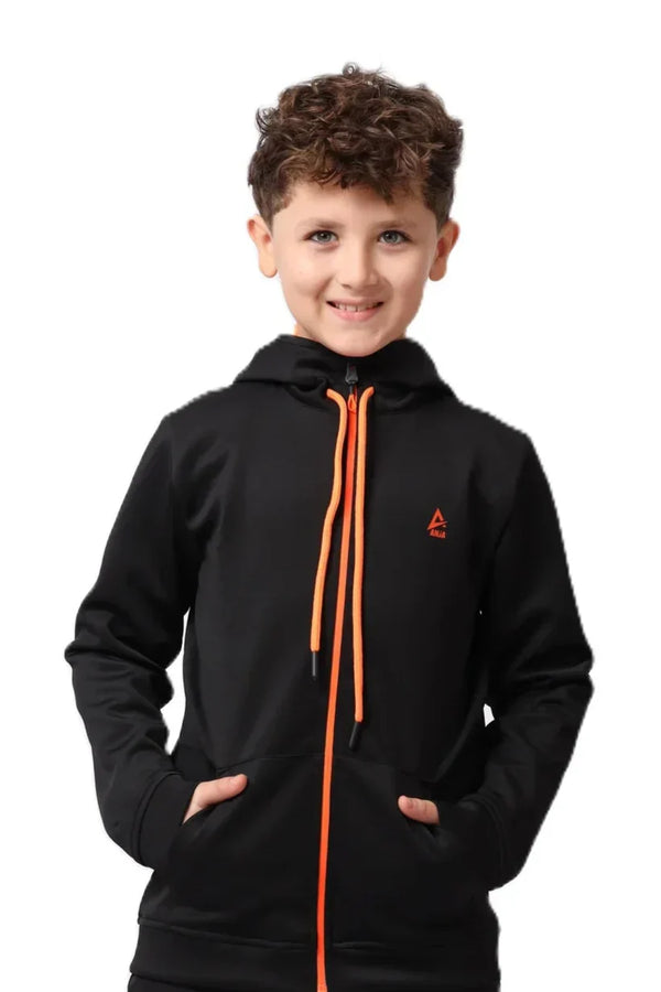 Child wearing a black hoodie with orange drawstrings on a white background