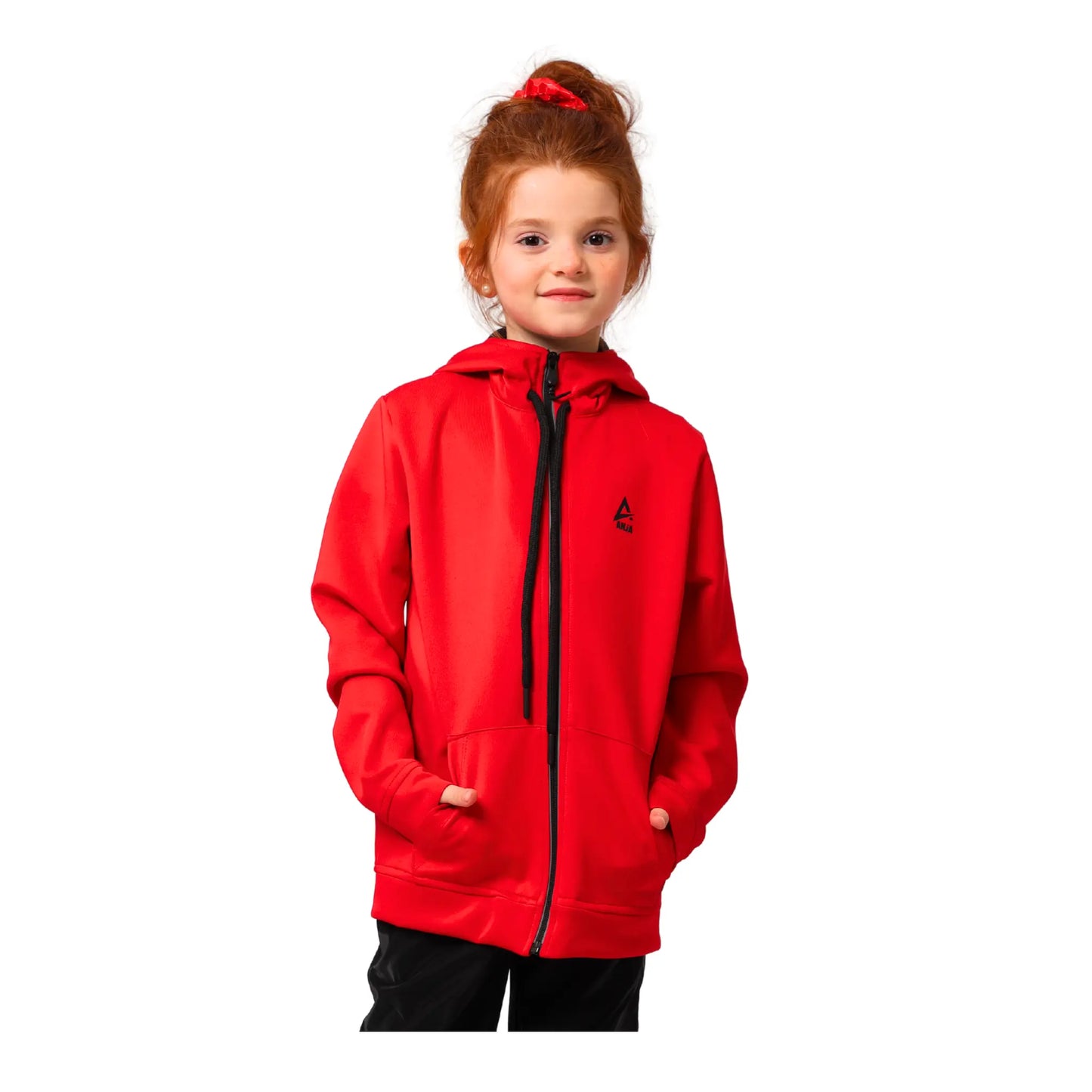 Child wearing a red hoodie with a logo on a white background